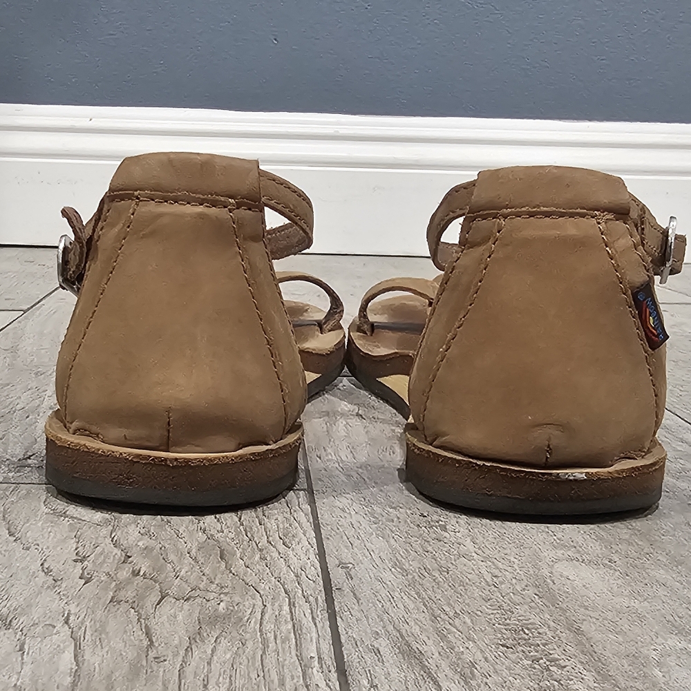 RAINBOW Women Califia Tan Leather T-Strap Ankle Strap Flat Sandals 10M - Picture 5 of 6